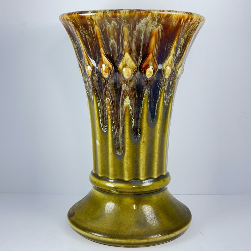 Vintage U.S.A. Vase in Olive Green with Drip Glaze 9”h